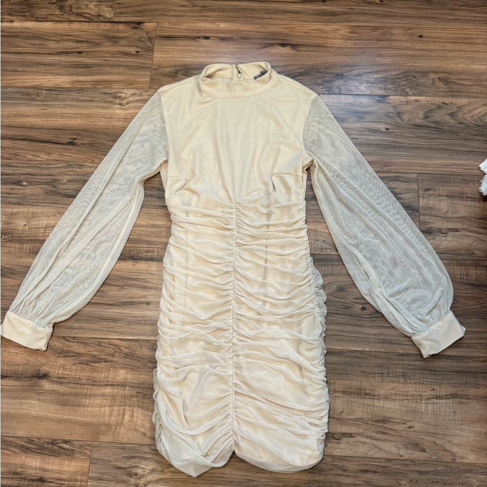 Love By Design figure-hugging ruched bodice sheer mesh sleeves.